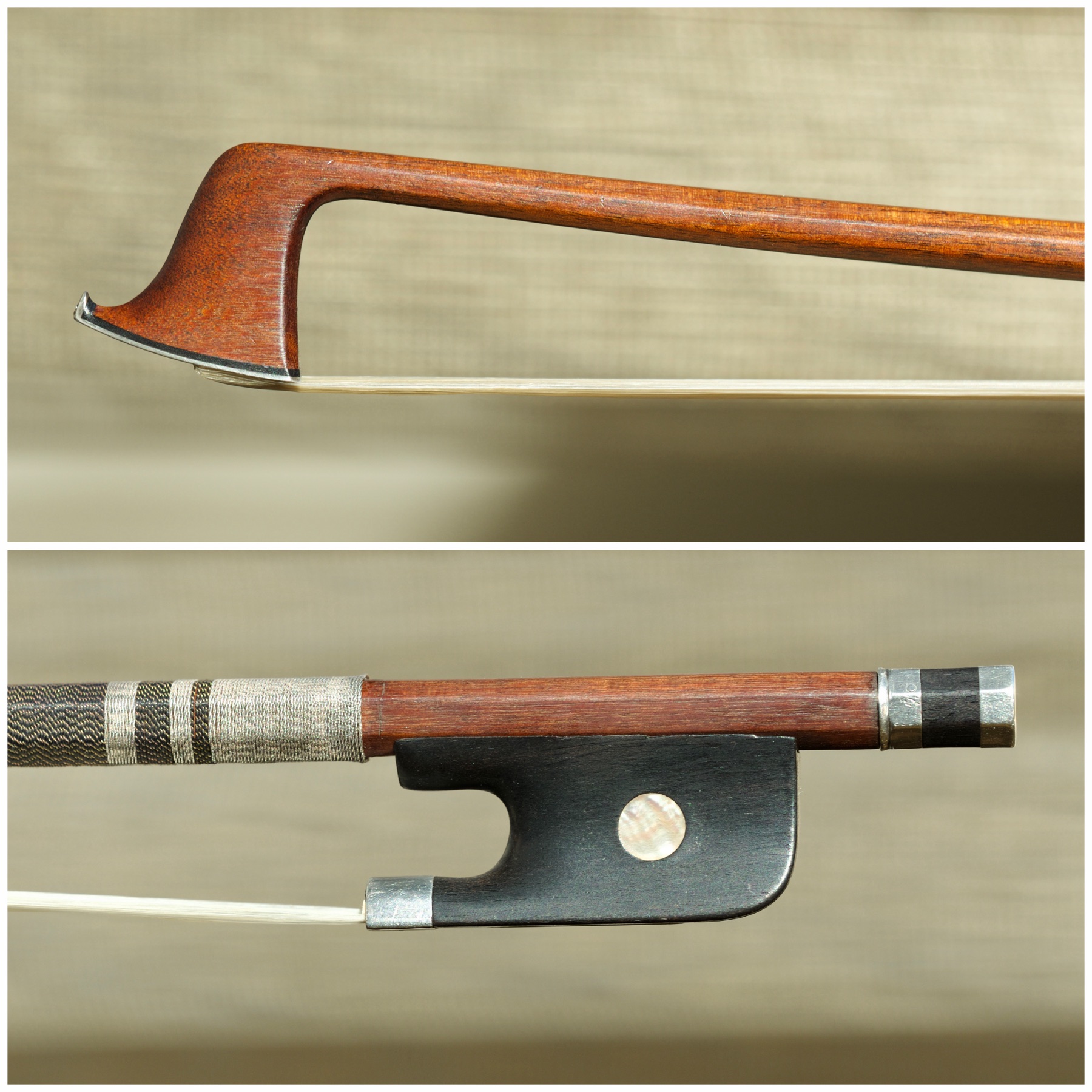 Violin bow by François Xavier Tourte, c. 1800, head and silver-mounted frog
