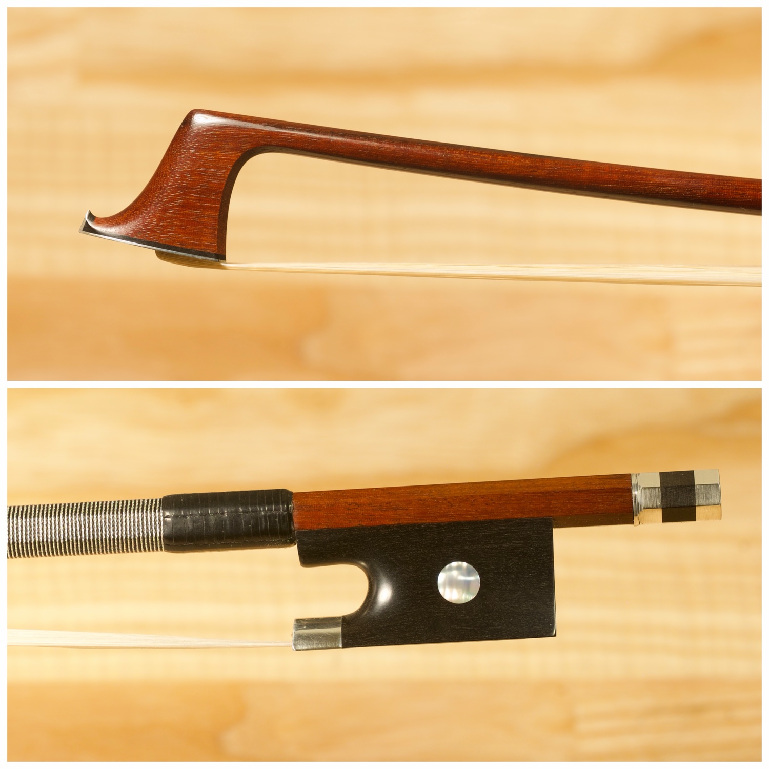 Thomson violin bow Op. 11, head and silver-mounted frog